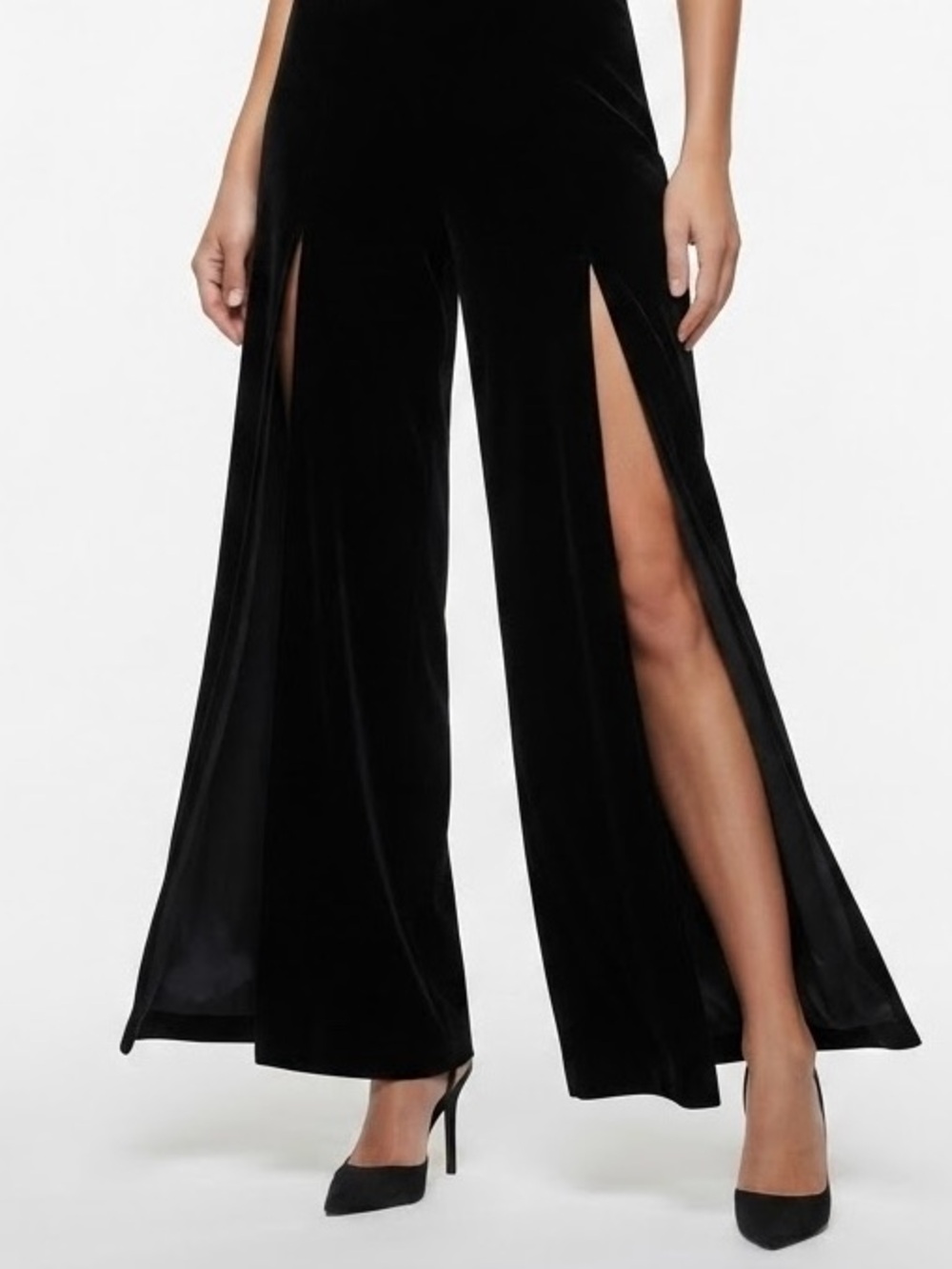 JS Boutique Black Velvet Wide-Leg Pants with Front High Slits